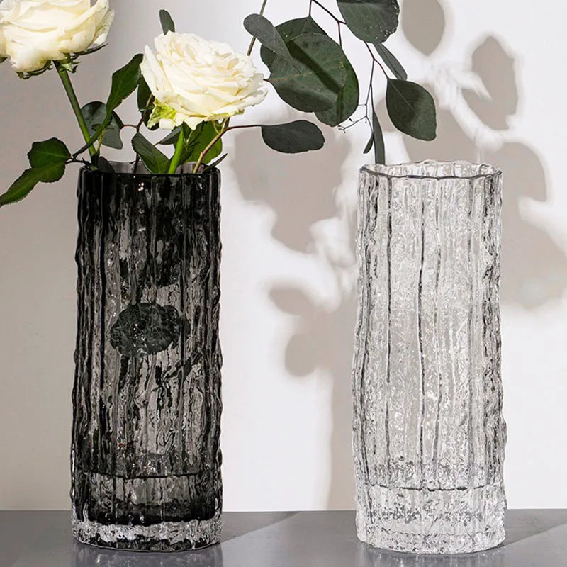 vase verre imitation écorce moderne transparent gris foncé fleurs rosesDecoration intérieure vases translucides