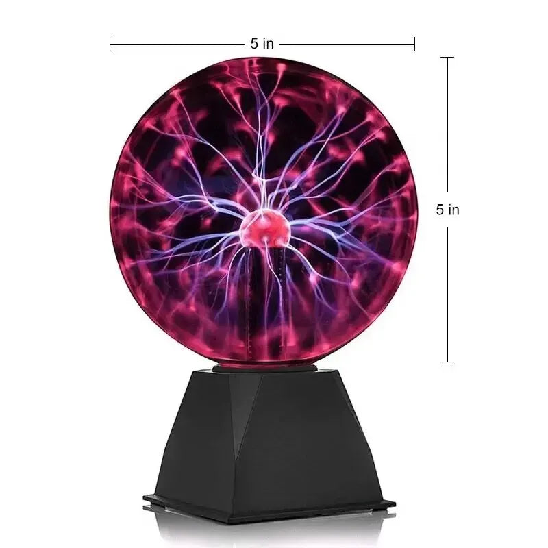 boule plasma luminescente tactile verre noir rouge bleu moderne technologie base pyramidale câble alimentation