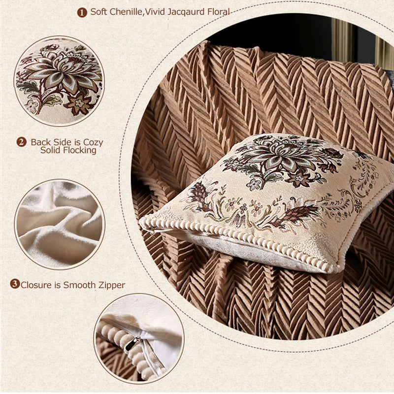 coussin carré floral brodé vintage chenille marron bleu marine élégant zippéversible