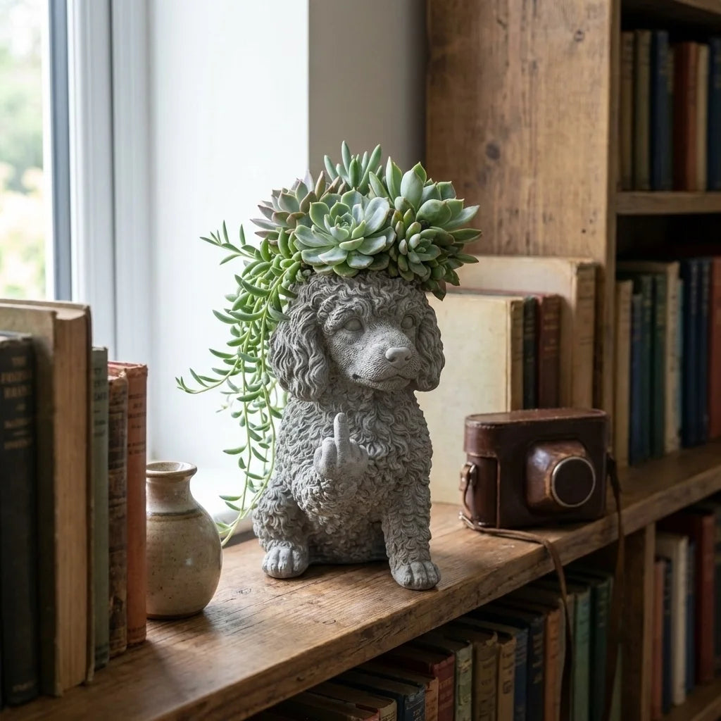 cache pot résine animal réaliste gris texture granuleuse plante verte cactus succulente maison jardin