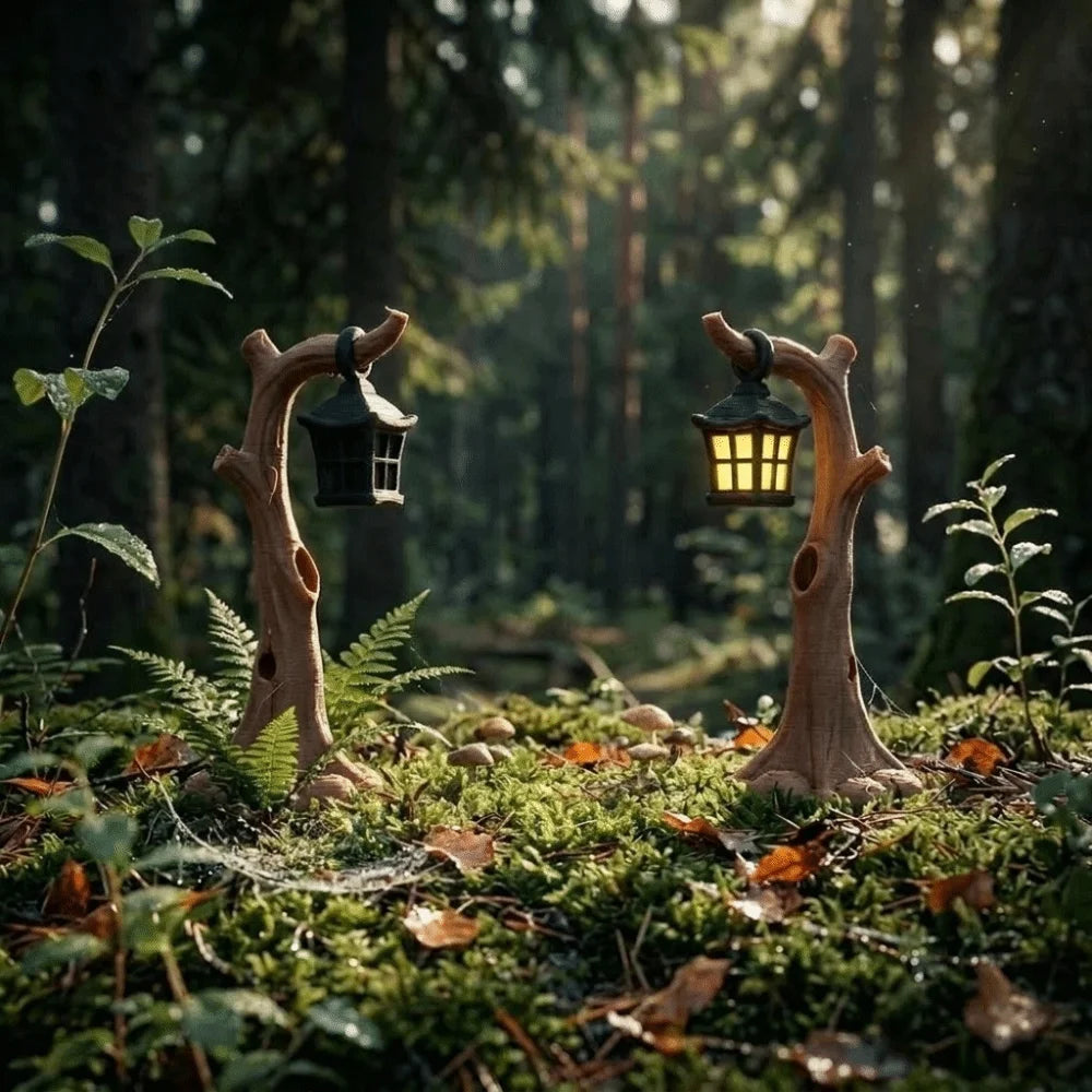 lanterne décorative miniature tronc naturel détails dorés suspendue brunes dorées forêt