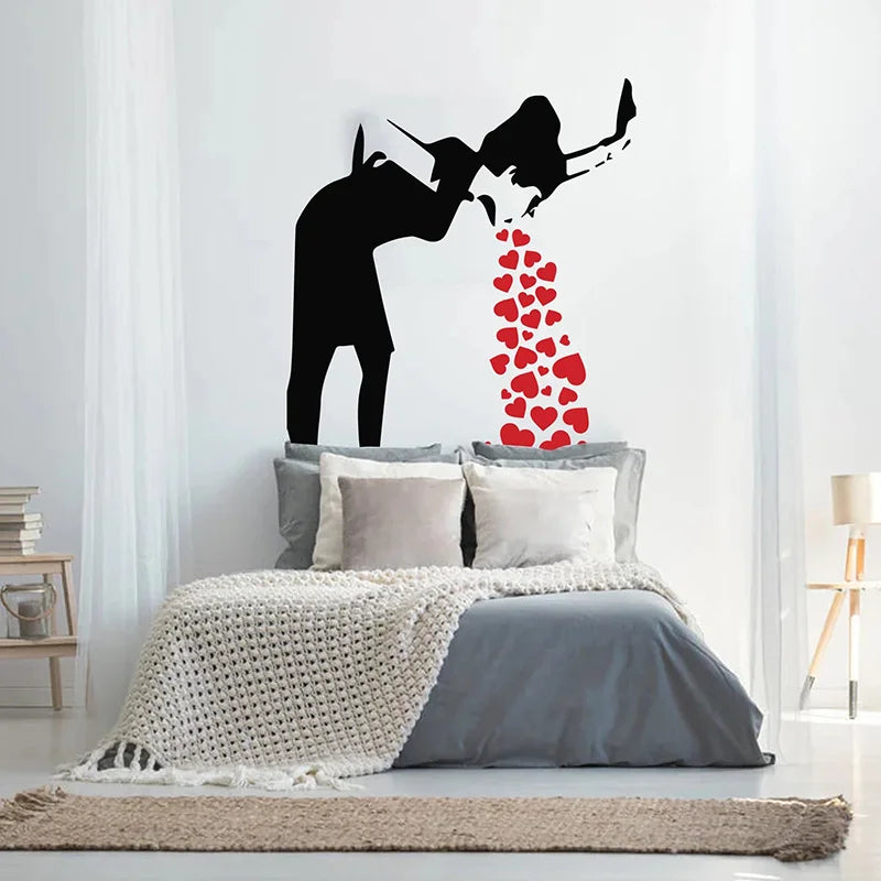sticker mural moderne silhouette personne téléphone coeurs rouges noir autocollant vinyle waterproof removable