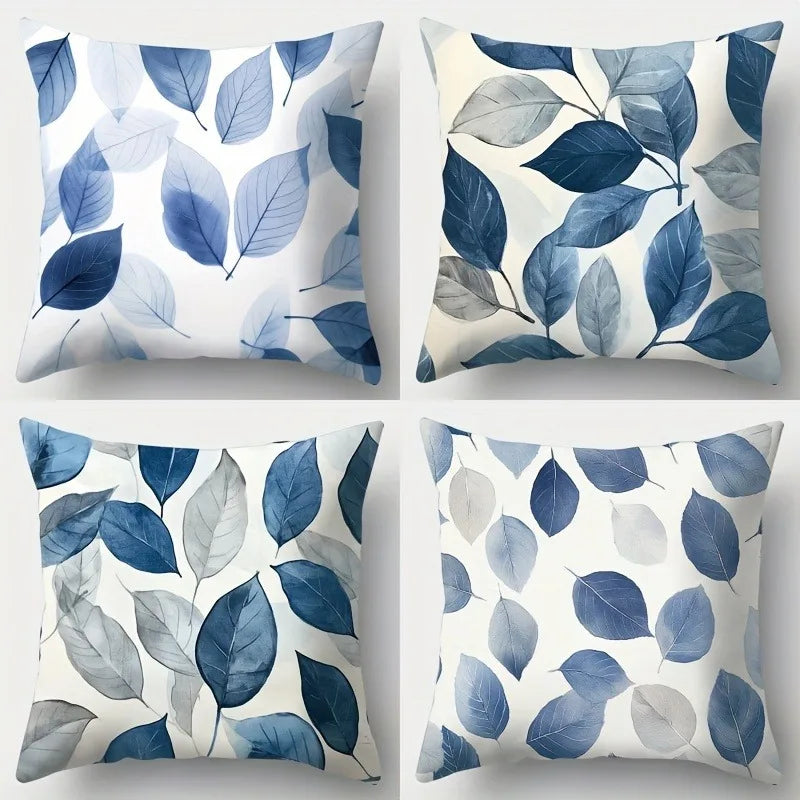 housse coussin polyester motif feuilles bleues moderne 45x45cm blanc décoration intérieur voiture salon