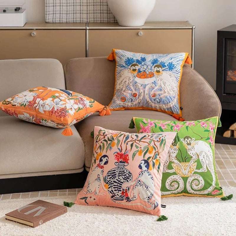 housses coussins motif animal moderne orange rose vert bleu tassel floral abstraits