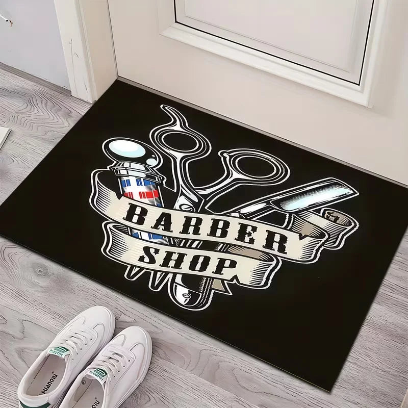 tapis sol vintage barber shop lettres motifs coiffeur noir blanc rose violet