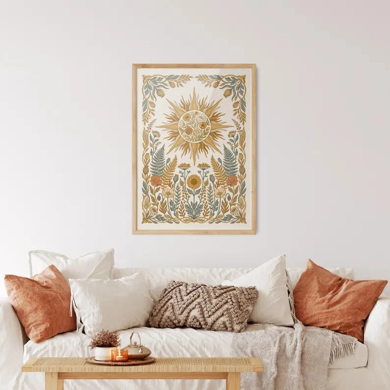 decoration murale boho chic affiche floral solaire feuilles couleurs vives chambre salon