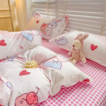 ensemble literie enfantin lapins coeurs rose blanc adorable housse couette taies oreillers drap carreaux
