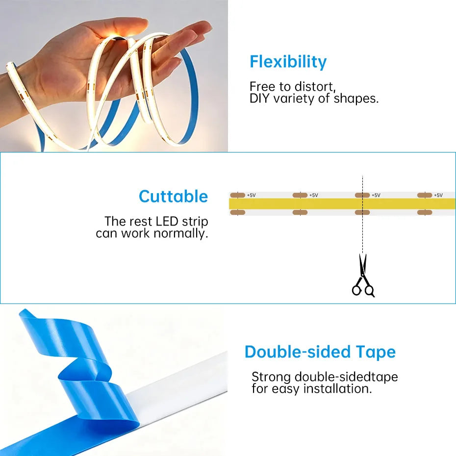 ruban led blanc 320 leds mètre adhésif flexible contrôleur boutons usb