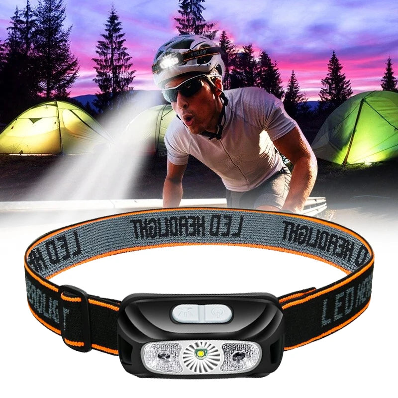 lampe frontale led noir orange rayures indicateur charge ceinture ajustable