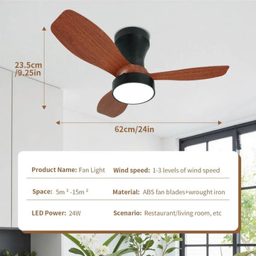 ventilateur led noir texture bois moderne vitesses télécommande 3000k 4000k 6000k