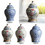 vase bleu blanc pot épices céramique couvercle poignée ornements floraux classiques