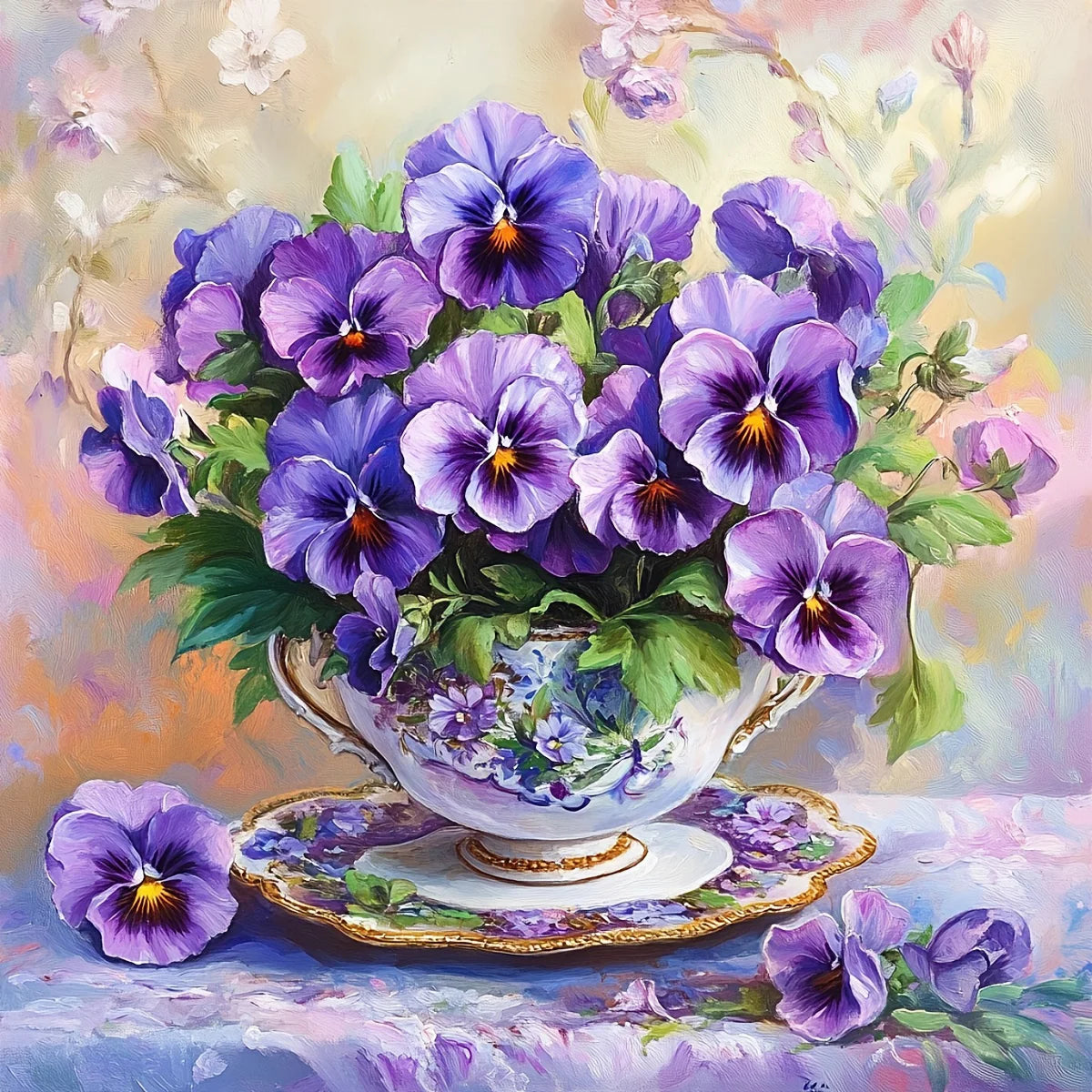 tableau diamant fleurs violettes feuilles vertes fond pastel 30 couleurs adhésif pinceau diamants diy