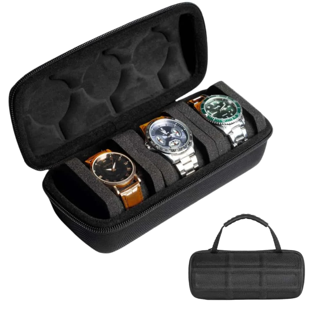 boîte rangement montres homme polyester géométrique moderne compartiments voyage étanche transparent fermeture glissière