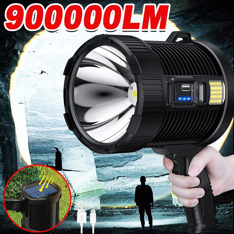 projecteur poche lumineux led rechargeable panneau solaire outdoor camping autodéfense banque alimentation resistant chocs