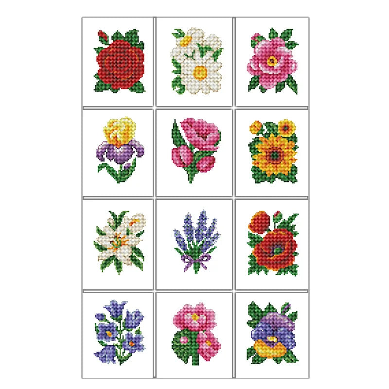 broderie diamant fleurs roses tulipes irises motifs pixel art miniature kit outils