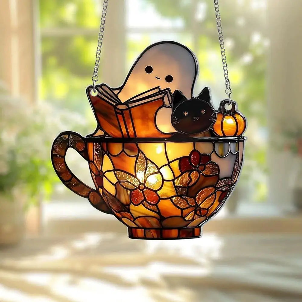 lampe suspendue artisanale vintage feuilles mosaïque couleur orange marron vert jaune noir
