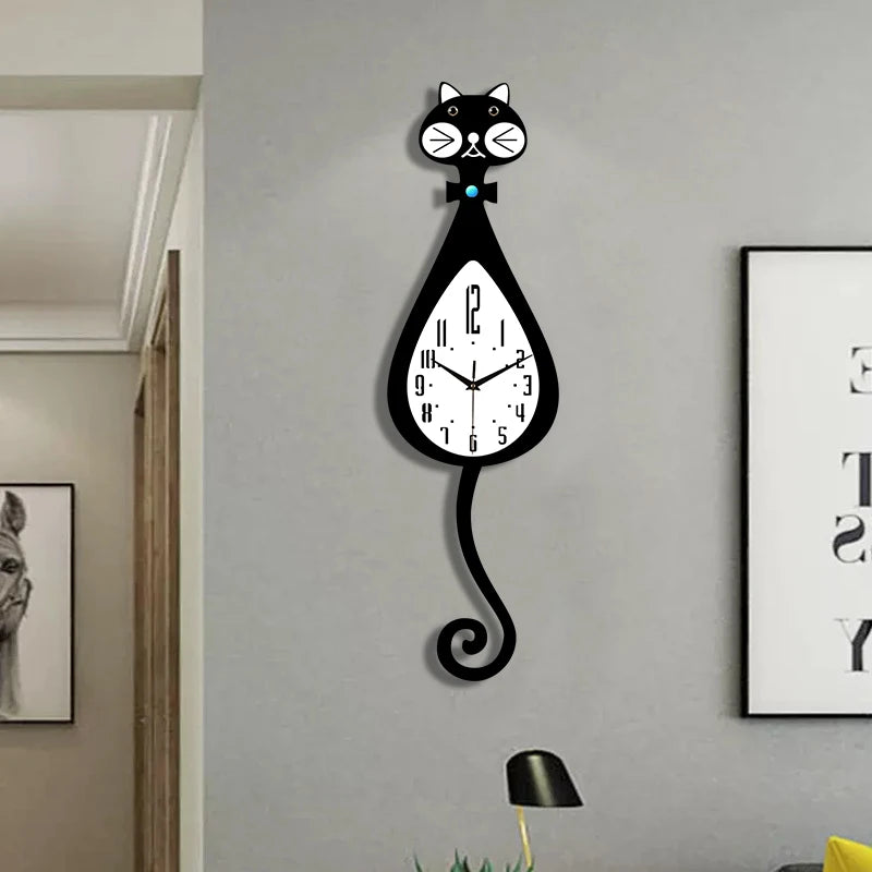 horloge murale moderne chat noir balançoire sans aiguilles chambre salon cuisine