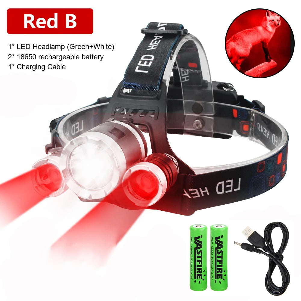 lampe frontale led rechargeable noir bandeau ajustable deux lumières étanche camping randonnée pêche nocturne