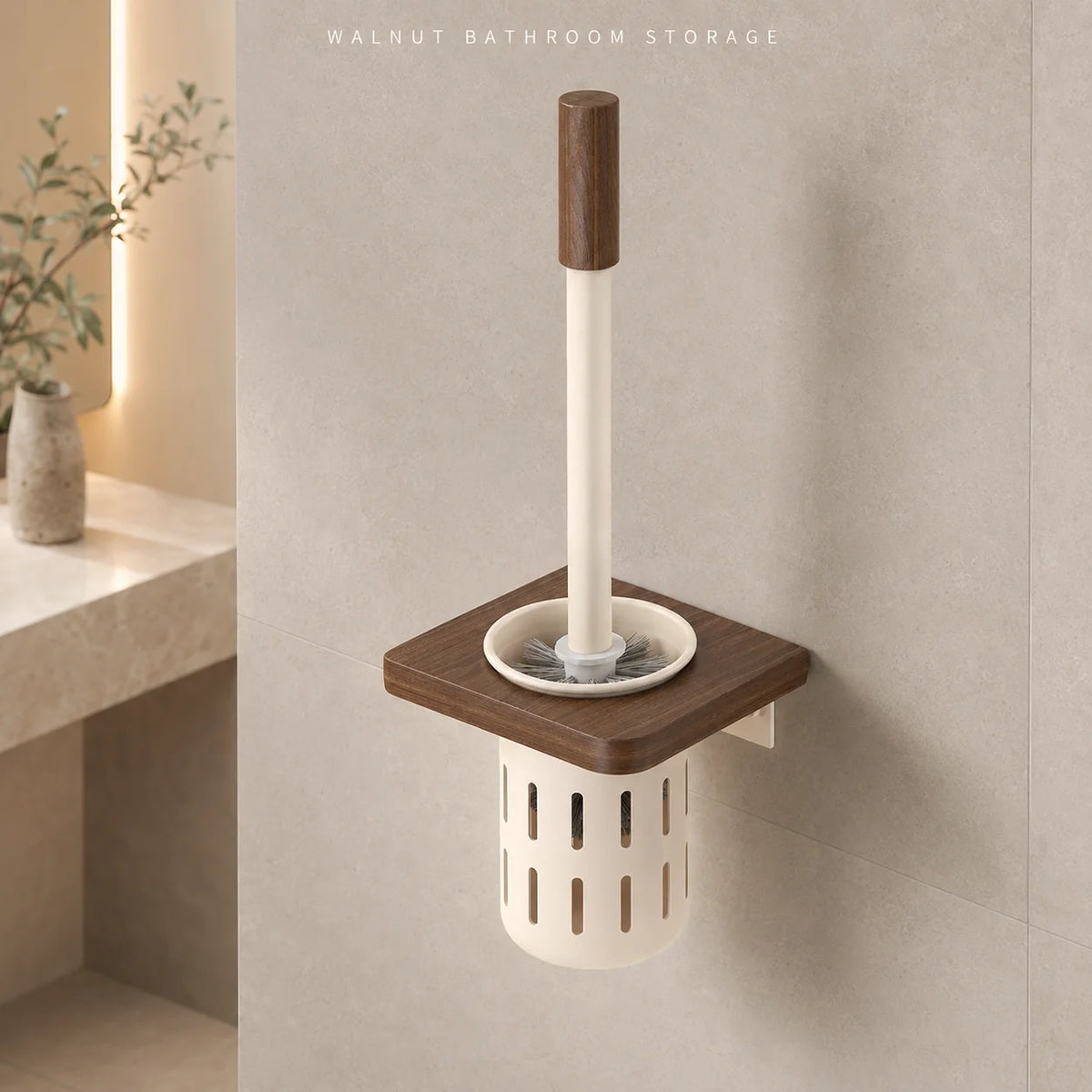 brosse wc bois marron clair support mural blanc moderne rangement ventilé minimaliste