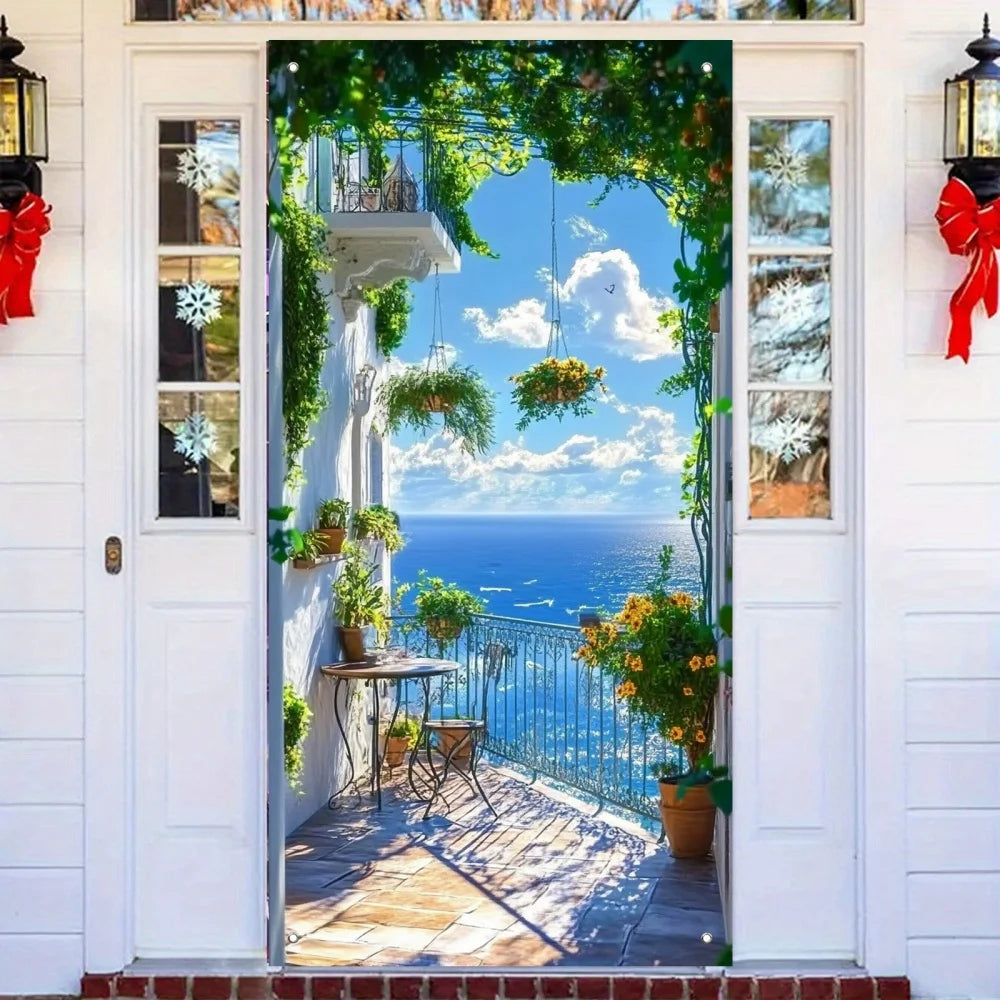rideau porte paysage méditerranéen vinyle texturé fleurs balustrade rustique 90x180cm decoration murale