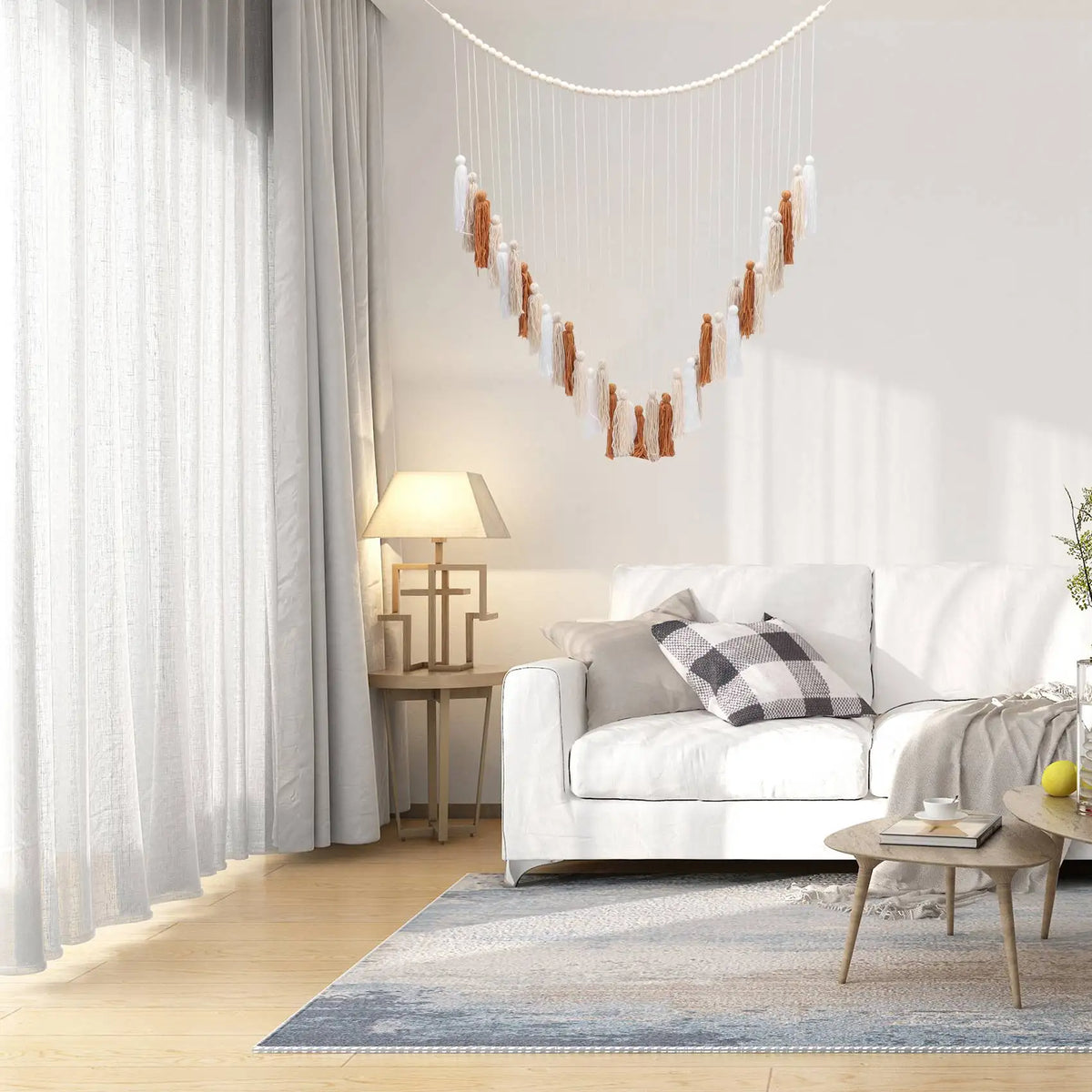décoration murale bohème pompons textiles suspension artisanale blanc beige orange rouille