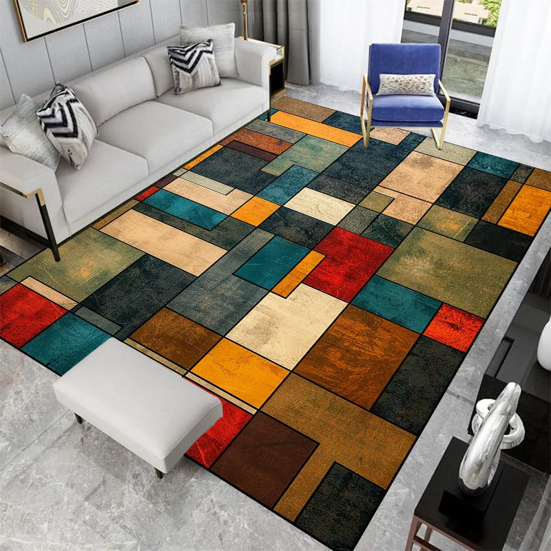 tapis moderne multicolore carreaux géométriques texturé salon chambre décoration intérieure polyester durableextérieur