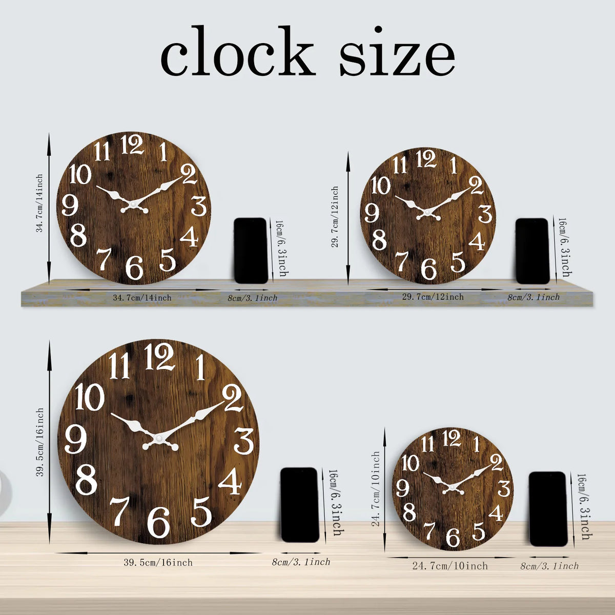 horloge murale bois naturel vintage 10 12 14 16 pouces quartz sourdine aiguille salon
