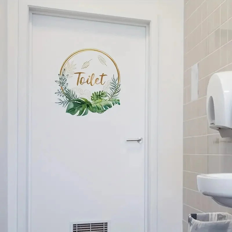 autocollant mural moderne feuilles tropicales adhésif amovible porte salle bain vert doré blanc