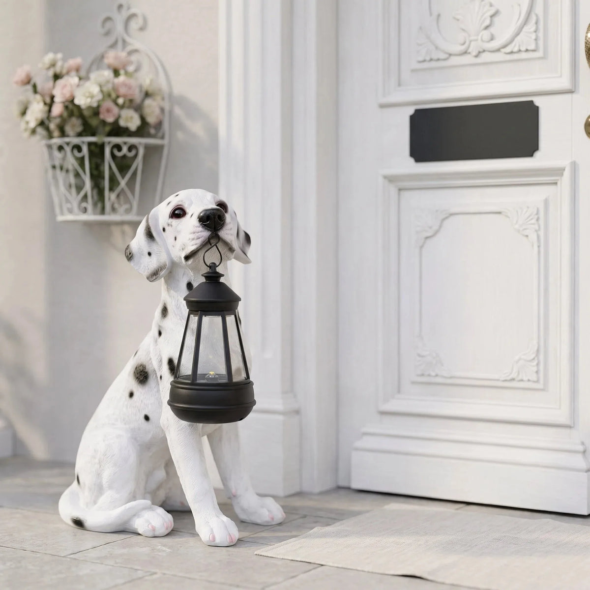 statue dalmatien lanterne solaire extérieure décoration jardin imperméable résine taches noires blanc marron métallique