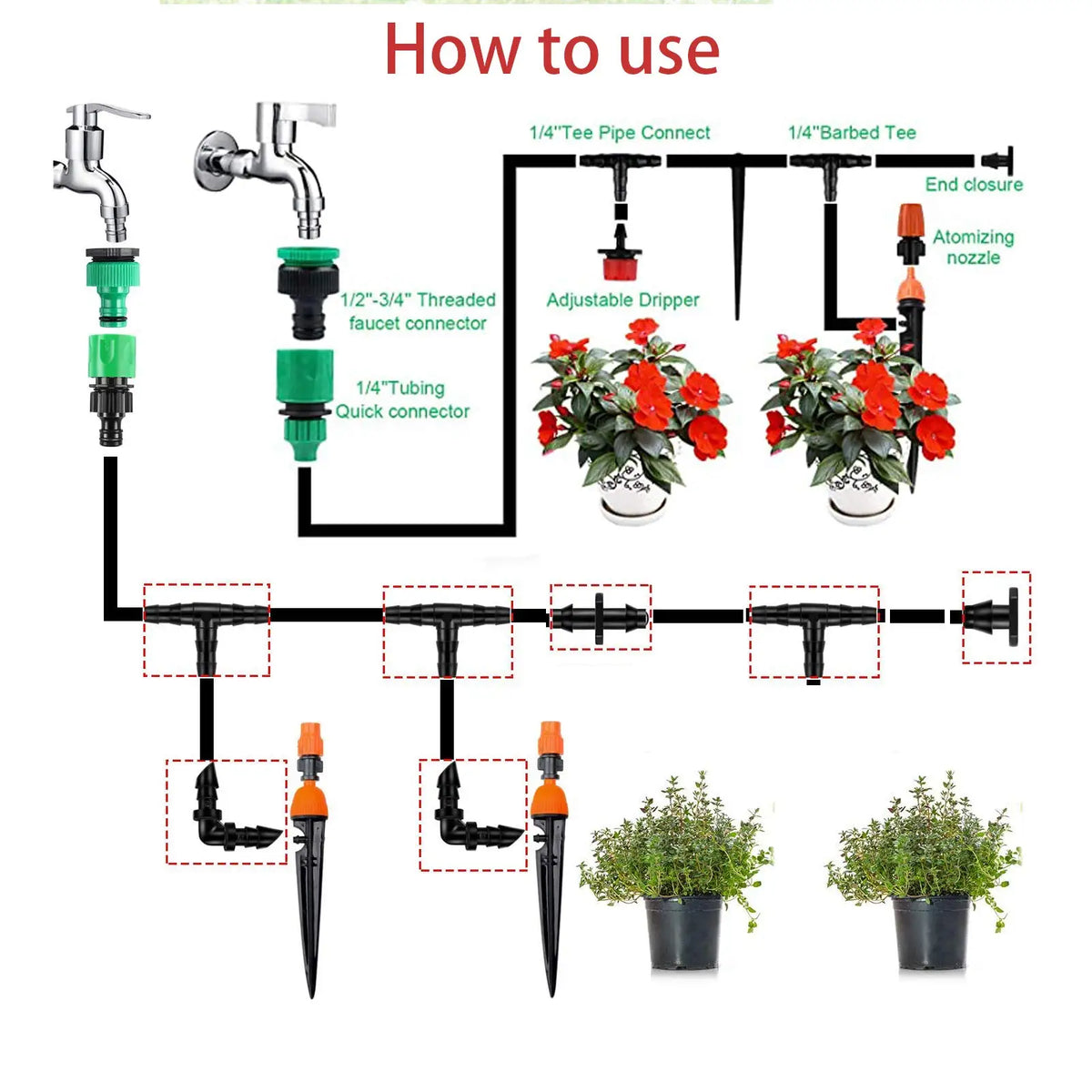 connecteurs arrosage gouttelettes barbelés noirs rouges kit irrigation pratique robuste