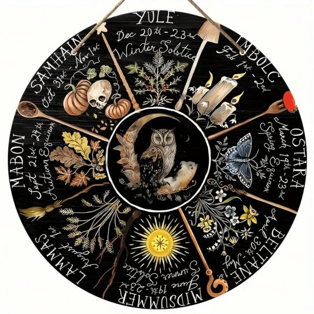 calendrier wicca décoration murale métal noir symboles saisons textes fixations murales artisanat illustratif spiritualité