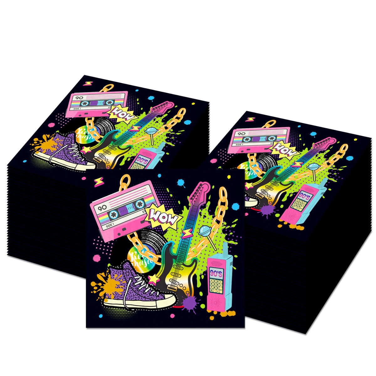 serviettes jetables graphiques fête anniversaire enfants moderne pop art cassettes guitares triangles
