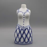 vase céramique blanc bleu motif géométrique décoratif tige courte intérieur élégance figural