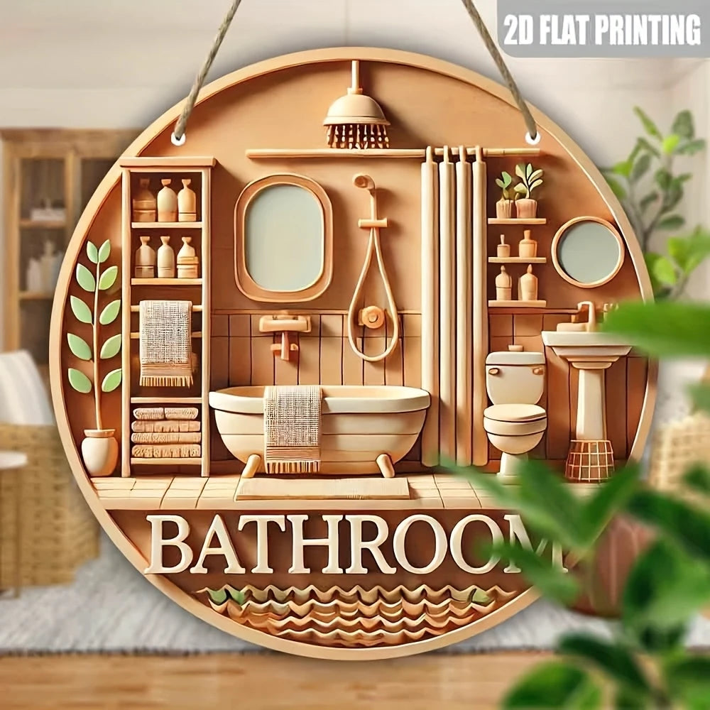 décoration murale plaque bois salle bain baignoire toilette miroir serviettes plantes 3d chambre cordeSuspension