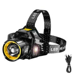 lampe frontale led rechargeable zoomable 90° noir jaune bleu vert moderne robuste camping