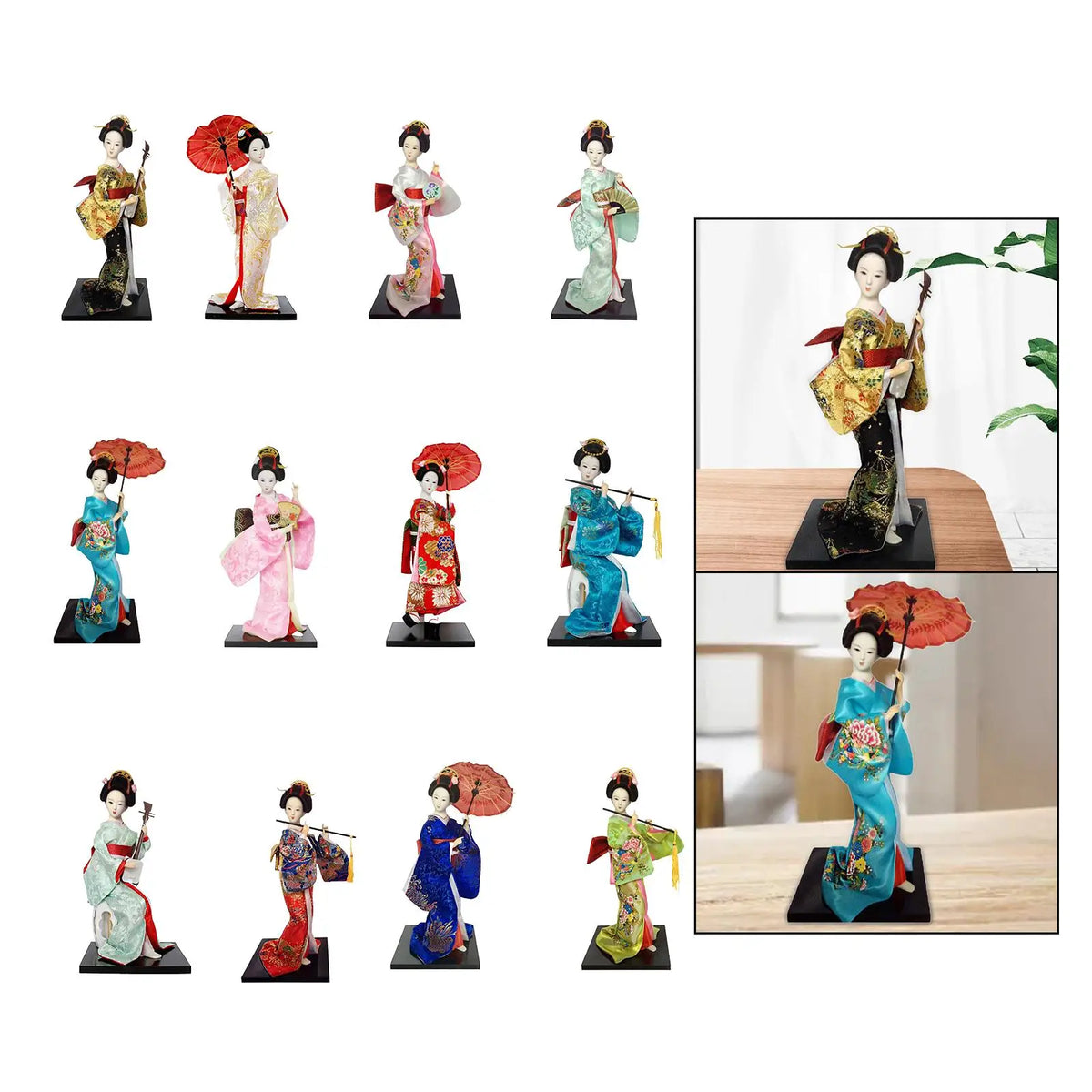 poupée japonaise geisha argile broderie florale motifs géométriques accessoires traditionnels blanc rouge vert bleu
