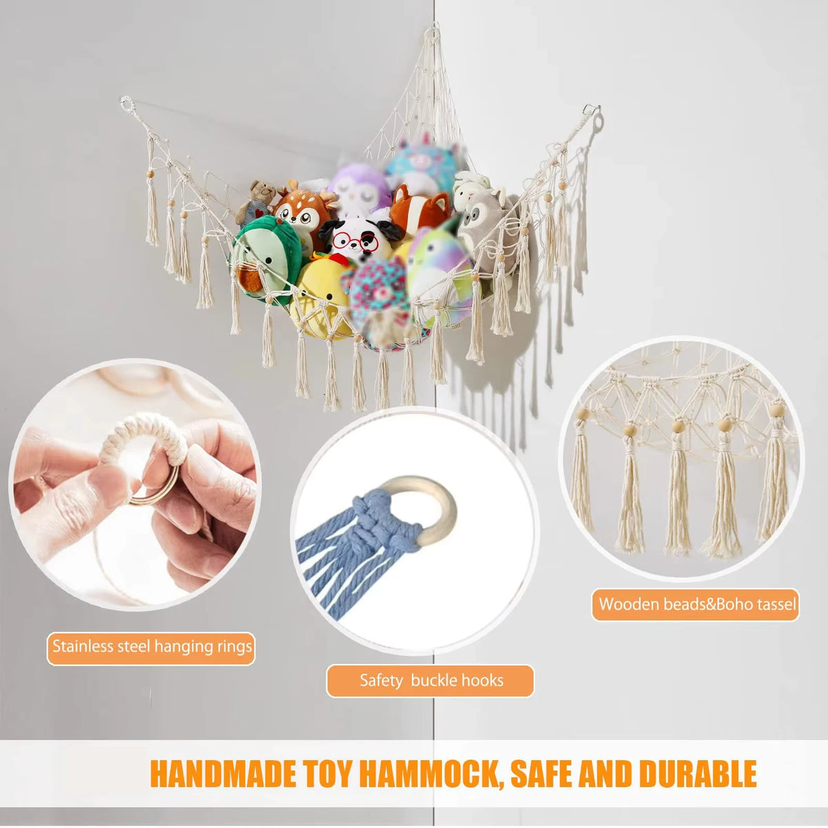 hamac jouets coton macramé franges boho crochets fixation beige clair chambre salon