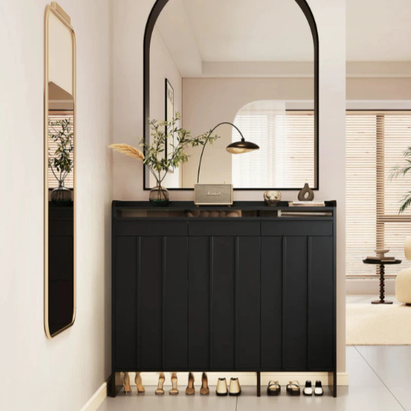 meuble entrée moderne noir panneaux verticaux lisses rangement tabouret coussin plaques mesure