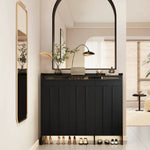 meuble entrée moderne noir panneaux verticaux lisses rangement tabouret coussin plaques mesure