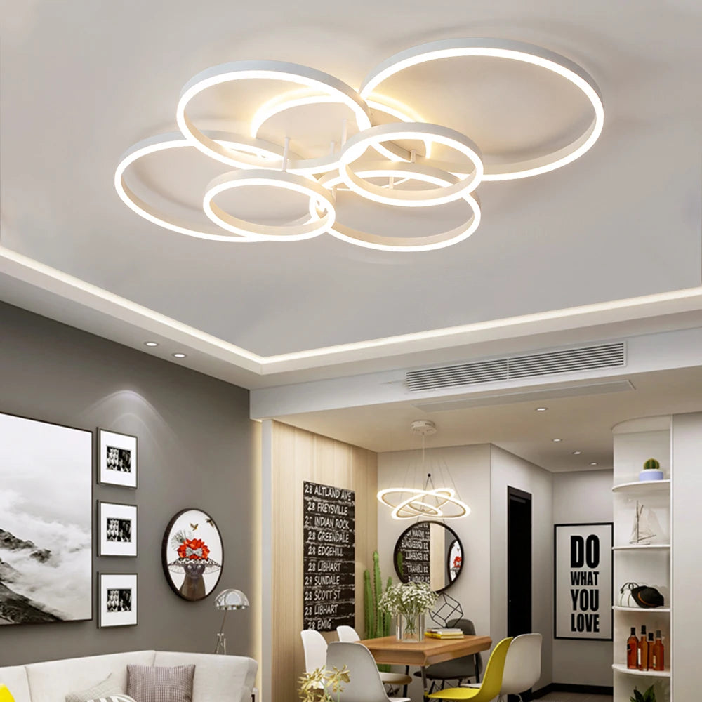 luminaire moderne or blanc anneaux concentriques éclairage led télécommande contemporain minimaliste chambre salon