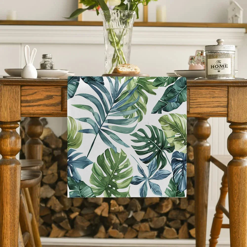 chemin table feuilles tropicales 100% lin vert beige moderne salon été