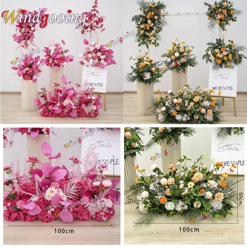 arche mariage fleurs artificielles roses blanches feuilles vertes décoration banquet extérieur classique