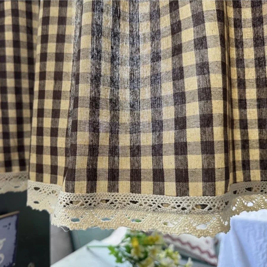 rideau marron clair carreaux gingham vintage polyester ruban dentelle cuisine chambre salon