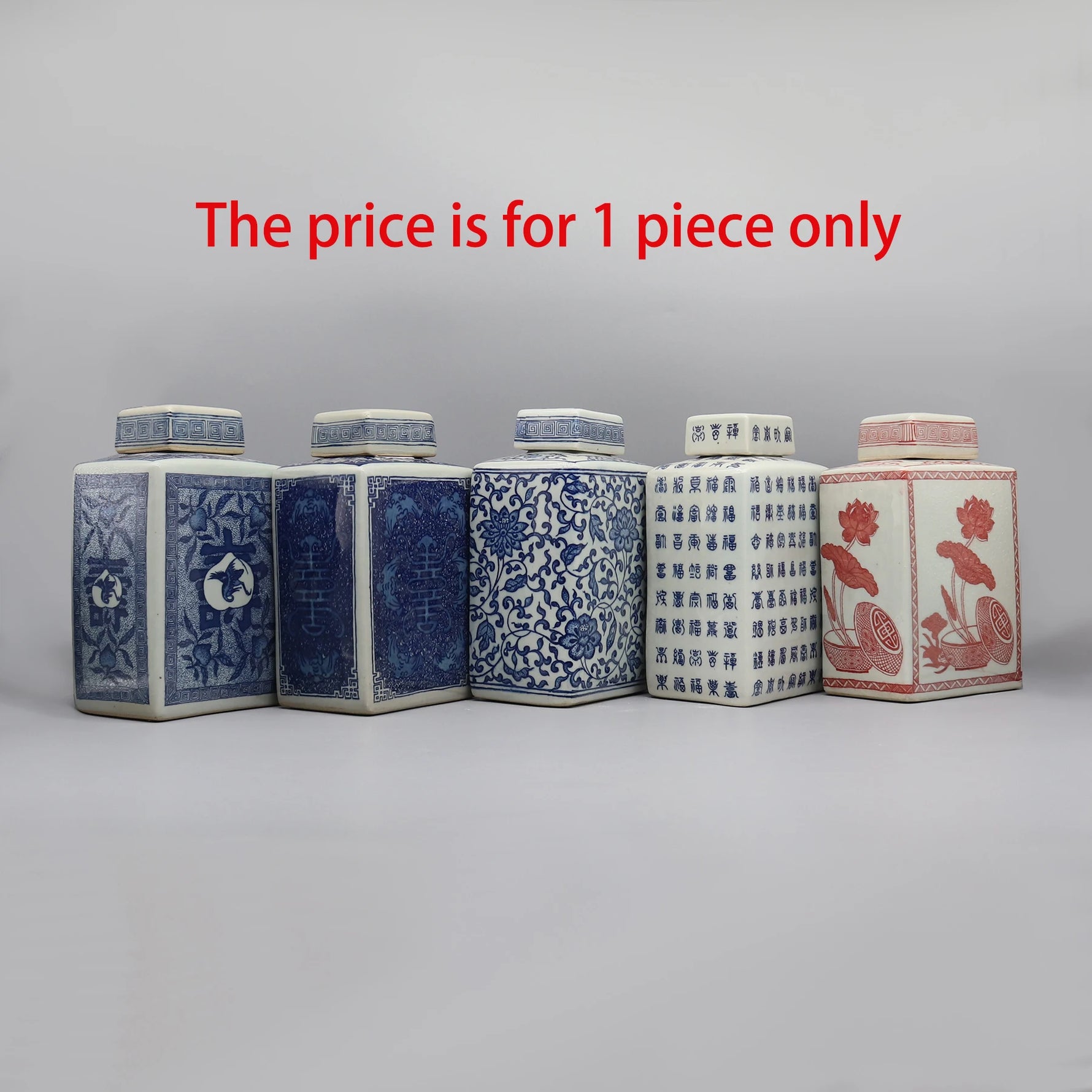 Le texte alt pour cette image pourrait être : "Une collection de boîtes décoratives chinoises colorées avec des motifs élaborés et des inscriptions en chinois, avec une mention indiquant que le prix s'applique à une seule pièce.