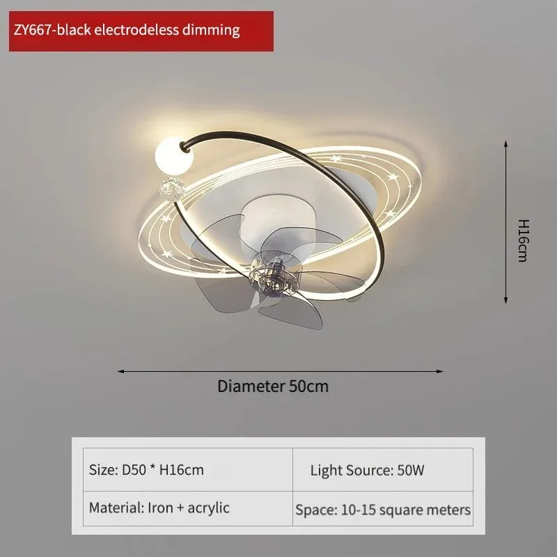 ventilateur moderne sphères blanches anneaux dorés télécommande lumière led salon luxe