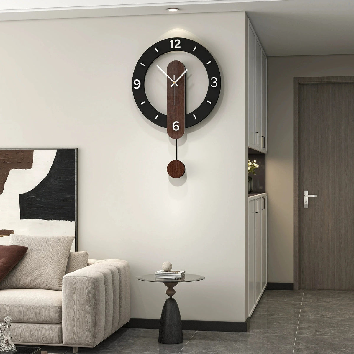 horloge murale minimaliste moderne cadran noir chiffres blancs pendule bois quartz aiguille étude salon