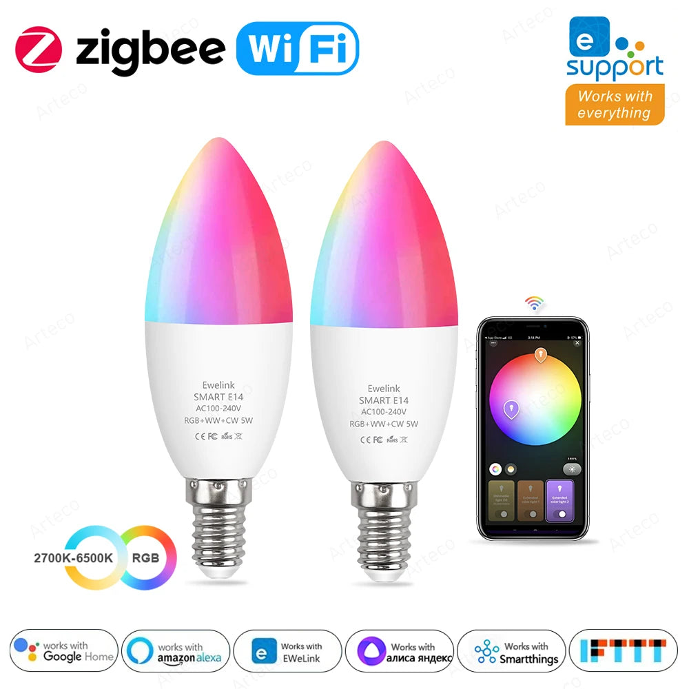 ampoules led intelligentes e14 rgb wifi zigbee blanc multicolore forme bougie moderne minimaliste