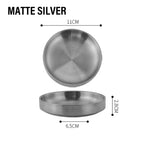 assiettes rondes inox lisses modernes argent doré sauces snacks transparentes maison restaurant