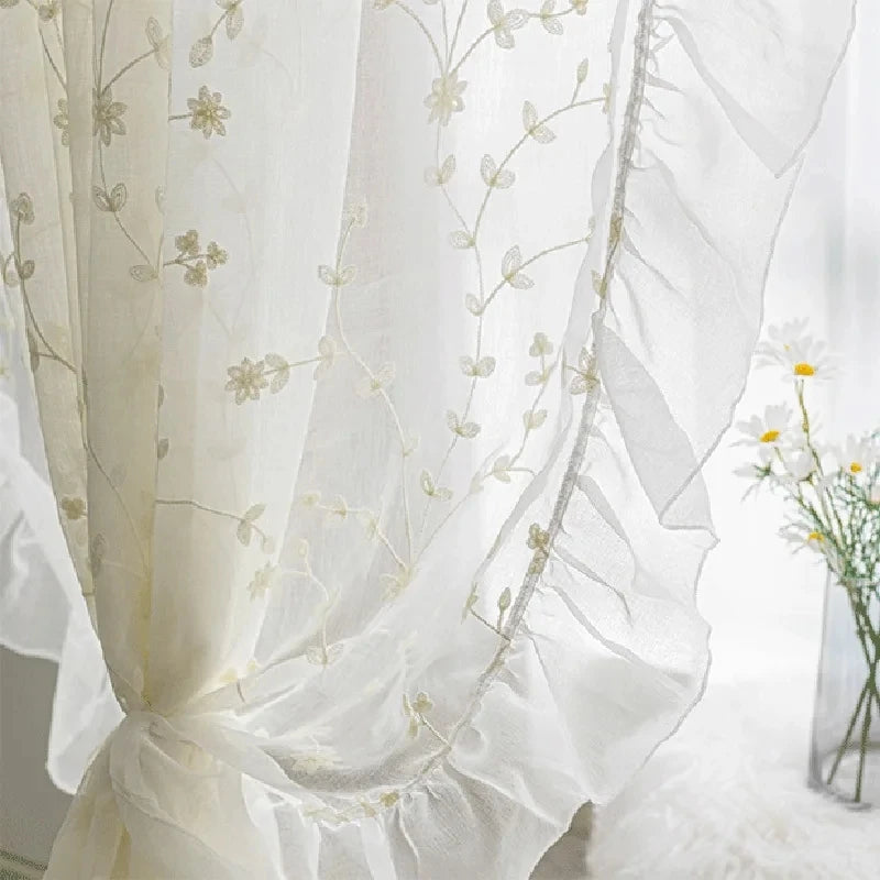rideau polyester coton brodé fleurs blancs transparent romantique fenêtre française decoration balcon wedding