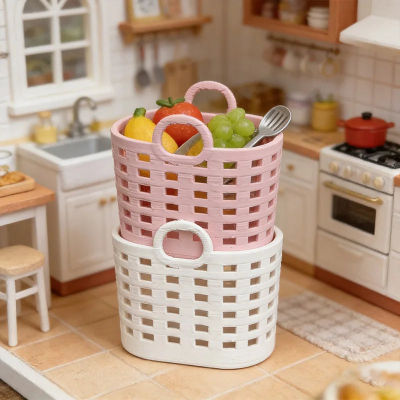 panier tissé rose blanc moderne anneaux fruits poupée accessoire rangement maison jouet